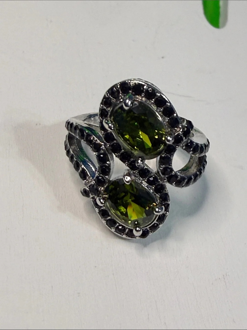 Size 6 Vintage Inspired Elegant Olive Green Double Stone Silver plated  Ring